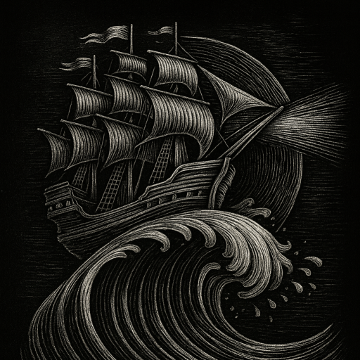 White-on-black scrimshaw-style illustration of a pirate ship cresting a massive wave, engraved with detailed maritime linework on a deep black background.