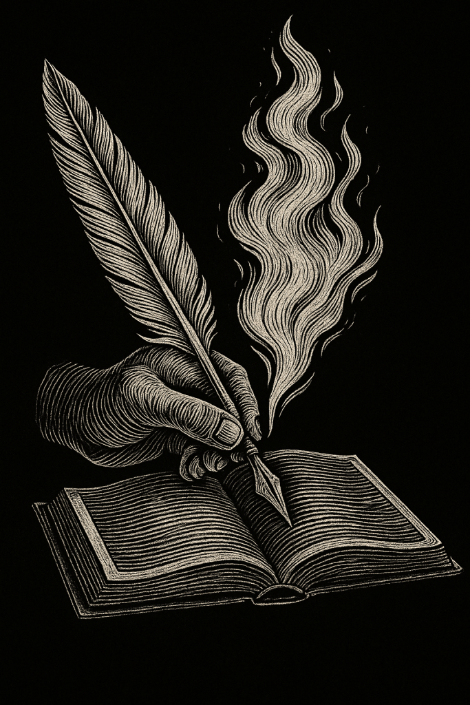 White on black scrimshaw style illustration of a hand holding a flaming quill above an open book representing creativity and storytelling.