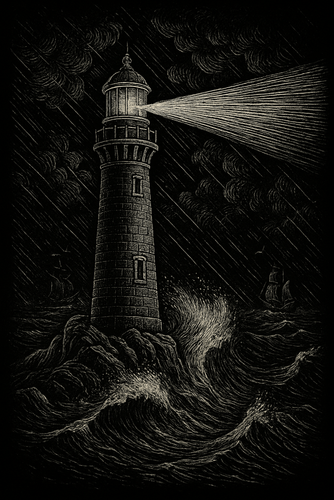 White on black scrimshaw style illustration of a lighthouse shining a bright beam through a storm with waves and distant ships symbolizing visibility and guidance.