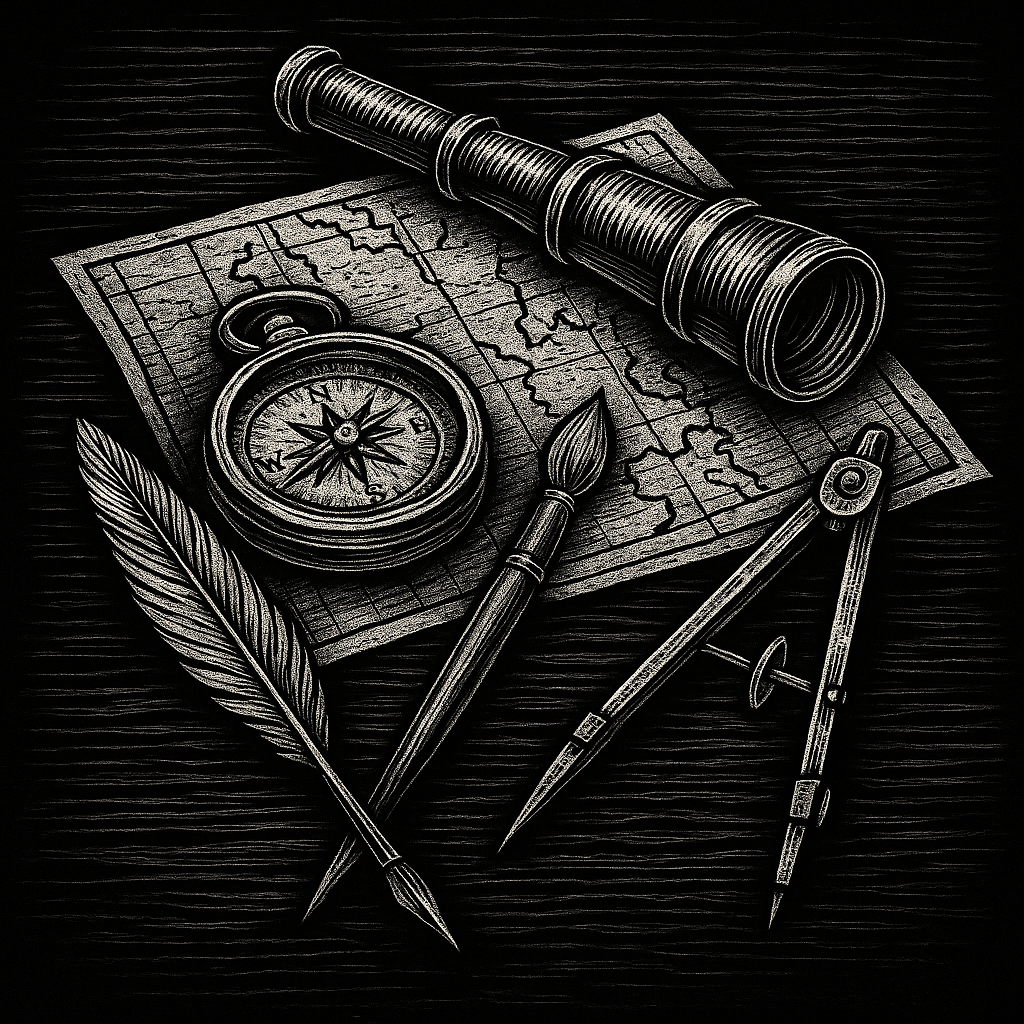 Scrimshaw-style white-on-black illustration of a pen, brush, compass, and handheld telescope arranged over an old-world map on a table, symbolizing creativity, strategy, and craftsmanship.